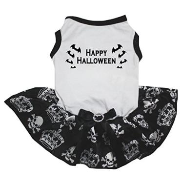 Imagem de Petitebella Camiseta Happy Halloween Morcego Branco Caveira Tutu Vestido para Cachorro (Médio)