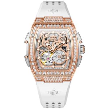 Imagem de OUPINKE Relógios femininos automáticos luxuosos diamantes ocos esqueleto quadrado relógios femininos pulseira de silicone macio vestido feminino ouro rosa relógio feminino à prova d'água, Pulseira