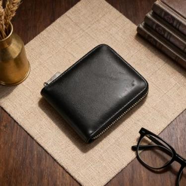 Imagem de Carteira masculina moderna, preta, portátil, de couro PU de grão cruzado, leve, design moderno preto portátil com encaixe, couro PU de grão cruzado e recurso leve