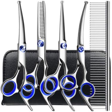 Imagem de Conjunto de tesouras de pelo, 6 em 1 profissional, tesouras para cães revestidas de titânio para cuidados com a pele, conjunto de tesouras para cães e gatos animais de estimação em casa