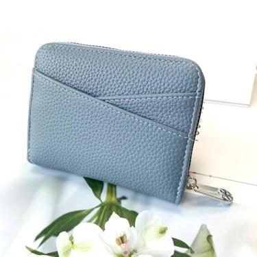 Imagem de Carteira feminina pequena de couro sintético, resistente à água, porta-cartões de crédito com bolso para moedas, Azul, Tendência