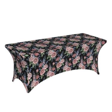 Imagem de XBFCDN Toalha de mesa floral preta elástica – toalha de mesa retangular com bolsos para os pés, toalha de mesa elástica lavável para casamentos/festas/banquetes