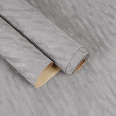 Imagem de EaseStick Forro de veludo cinza neutro forro de gaveta de feltro macio papel de parede adesivo de veludo 39,9 x 406,4 cm de tecido flocado felpudo papel de parede cinza listrado para armários de