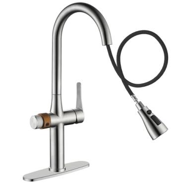 Imagem de APPASO Torneira de filtro de 3 vias, torneira de cozinha com filtro de água, torneira 3 em 1 para pia de cozinha alça única comercial, níquel escovado aço inoxidável SUS304 (sem dispositivo de