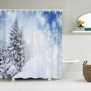Imagem de Cortina de chuveiro de Natal tecido impermeável cena de neve cedro árvores impressão paisagem cortinas de chuveiro para banheiro com ganchos 51x75in-130x190 cm/LxA