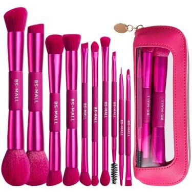 Imagem de BS-MALL Conjunto de pincéis de maquiagem de ponta dupla com pincel corretivo e pincel de base, pincel de sombra - pincéis multiuso para viagem em bolsa de maquiagem para uso diário (10 peças rosa