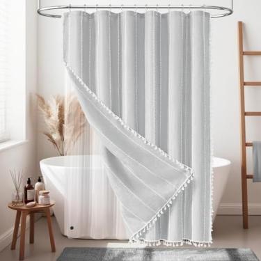Imagem de BTTN Cortina de chuveiro 3 em 1 com forro, conjunto de cortina de chuveiro 96 extra longa boho de linho listrado com gancho, cortina de chuveiro de tecido impermeável boêmio para banheiro, cinza/cinza