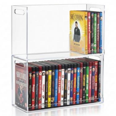 Imagem de CroBlissful 2 unidades de caixa de armazenamento de DVD de acrílico transparente empilhável com alças de transporte recortadas, prateleira organizadora para sala de cinema, mídia Cds, filmes, DVDs