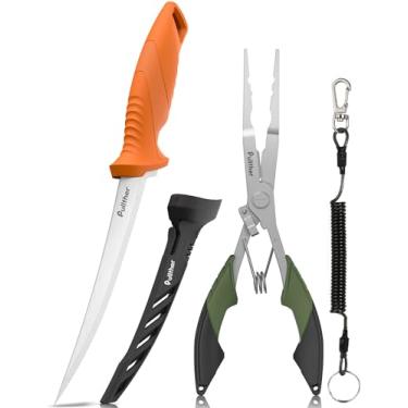 Imagem de pullther fishing Kit de ferramentas de pesca de 2 peças – faca de filete de 18 cm, alicate de pesca de 20 cm, removedor de gancho multiferramentas, equipamento de pesca para água salgada e doce