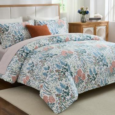 Imagem de Capa de edredom Cozeline 100% algodão tamanho Queen, conjunto de cama floral azul e vermelho com fecho de zíper, 3 peças de capa de edredom botânica respirável e macia para todas as estações