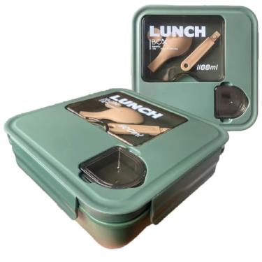 Imagem de Marmita Lunch Box 1100ml com Travas 3 Divisórias, Colher Embutida e Porta Tempero Lancheira Plástica Livre de BPA Teste 3 (Verde)