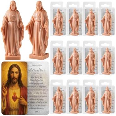 Imagem de Bucherry 12 conjuntos de presentes católicos a granel mini estatuetas de Jesus em massa, favores religiosos, estátua do Sagrado Coração de Jesus com cartões de oração para decoração de Páscoa