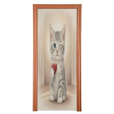 Imagem de ATTX Capa para porta da frente do dia dos namorados gato malhado - tecido elástico lavável decoração de férias para festas, casa, decoração de porta da frente, 91 x 98 polegadas (663)