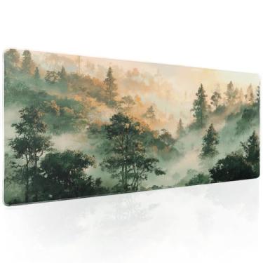 Imagem de Tapete de mouse para jogos verde Foggy Forest Valley XL Nature Misty Mountain Tapete grande estendido tapete de mesa antiderrapante base de borracha borda costurada teclado pad tapete para computador