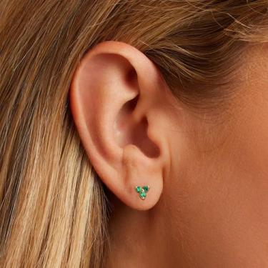 Imagem de Brincos femininos banhados a ouro 14K 316F de zircônia cúbica verde com costas planas e cartilagem tragus, joia de orelha perfurada