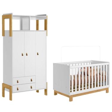 Imagem de Berço Americano 4315 Mini Cama Slim E Guarda Roupa Fantasia 4375 Branco Acetinado - Qmovi