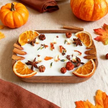 Imagem de Vela perfumada decorada com especiarias de 6 pavios em tigela de madeira - Vela de cera de soja de aromaterapia de 590 ml para decoração de férias em casa - aroma de abóbora e canela e cravo - PUM