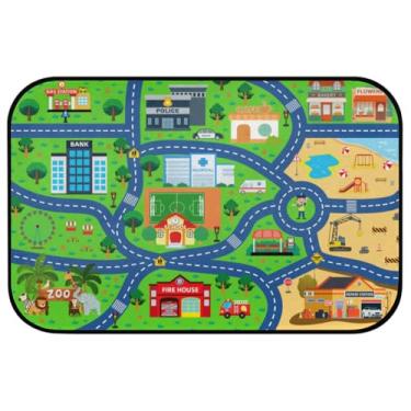 Imagem de Tapete City Road para crianças de 2 × 3 pés – Tapete interativo de pista de carro, tapete macio de pelo curto com suporte antiderrapante de TPR, tapete educacional para brincar na sala de jogos, sala