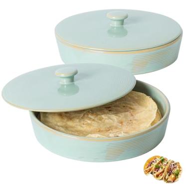 Imagem de Feenmai Aquecedor de tortilha, suporte de tortilha de cerâmica de 23 cm com tampa, servidores de panquecas em relevo, seguro para forno no micro-ondas, recipiente de armazenamento de tortilleros para
