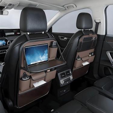 Imagem de Pacote com 2 organizadores de assento de carro com mesa, suporte de telefone, tapetes de couro e bolsos (preto) (marrom, pacote com 2)
