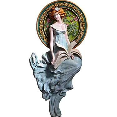 Imagem de U5GAAALPPQ9 Mural de arte de parede 3D estátua de anjo de resina pendurada menina em vestido azul lê livro para jardim interno e externo 73 x 33 centímetros