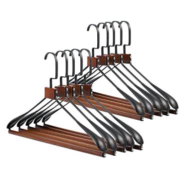 Imagem de Cabide versátil de madeira de ferro forjado, ombros largos, gancho giratório de 360°, pacote com 10 para casacos, ternos, calças e jaquetas
