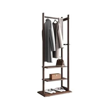 Imagem de SLGGPJBU Cabideiro de chão com economia de espaço para roupas pesadas, suporte de madeira com camadas, sapateira, prateleiras de armazenamento para roupas, sapatos, chapéus, bolsas, suporte de roupas