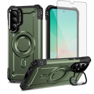 Imagem de Furiet Capa de celular para Samsung Galaxy A56 5G e protetor de tela de vidro temperado protetor de tela rígido de duas camadas Defender carregamento sem fio Magsafe Kickstand à prova de choque macio