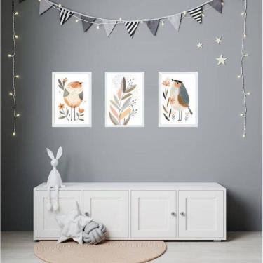 Imagem de Kit 3 Quadros Quarto Infantil Tema Passarinhos E Flores