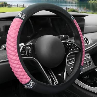 Imagem de AMZAUTO Capa de volante brilhante para mulheres, capa de volante de couro brilhante com strass deslumbrante, acessórios interiores de carro de 38 cm para a maioria dos veículos (rosa)