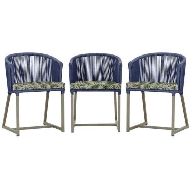 Imagem de 3 Cadeiras De Jantar Noronha Fendi Corda Náutica E5 Trama Azul
