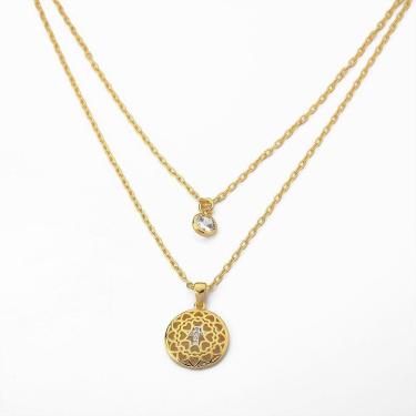 Imagem de Colar Duplo Ponto De Luz e Mandala Cruz Banhado Ouro 18k