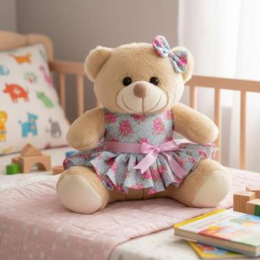 Imagem de Ursinha De Pelúcia Menina Floral 25cm - Decoração - Toybrink, Caramelo