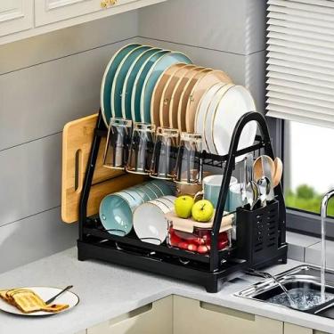 Imagem de Escorredor Aço Inox Preto Bandeja de Drenagem e Organizador de Louças 