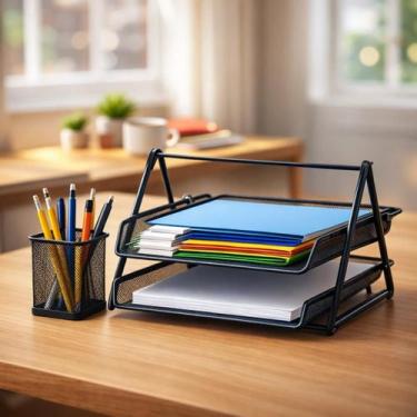 Imagem de Kit Organizador Escritorio 2 Bandejas Documentos Papel A4 Suporte Cane