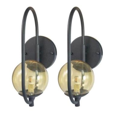 Imagem de Kit 2 Arandela Online Preta Globo De Vidro Ambar + Led 5w - Trybo Desi