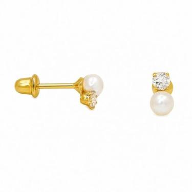 Imagem de Brinco em Ouro 18k com Pérola e Zircônias Baby - Infantil - Justino Ri