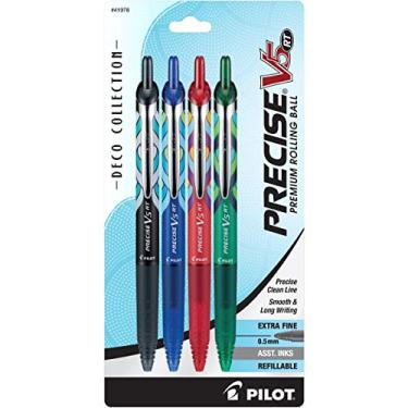 Imagem de PILOT Canetas esferográficas retráteis e recarregáveis Precise V5 RT Deco Collection, ponta extrafina (0,5 mm) preto/azul/vermelho/verde, pacote com 4 (41978)