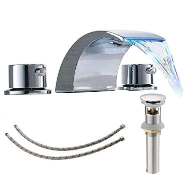 Imagem de BWE – Torneira de banheiro generalizada de 20 cm com dreno de montagem com dreno e linha de fornecimento de LED, cachoeira de 20 cm, 2 alças, 3 furos, torneira cromada para pia de banheiro