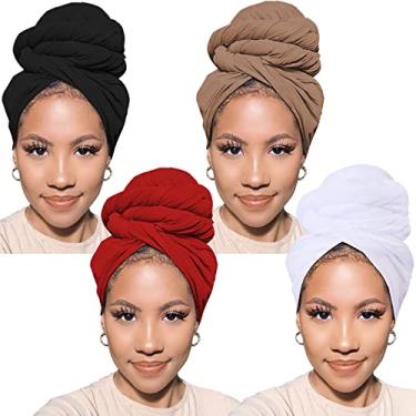 Imagem de PWEOUKE Pacote com 4 lenços de cabeça estilo turbante elástico estilo boêmia para mulheres, cor lisa, urbana, longa, respirável