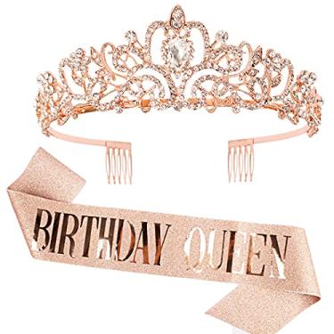 Imagem de Conjunto de faixa e tiara de strass "Birthday Queen" COCIDE faixa e tiara de aniversário em ouro rosa para mulheres kit de decoração de aniversário faixa de strass para meninas acessórios