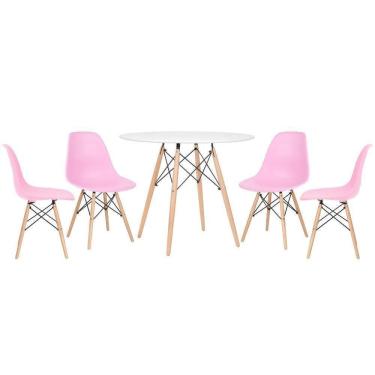 Imagem de Mesa Redonda Eames 90 Cm Branco + 4 Cadeiras Eiffel Dsw Rosa Claro
