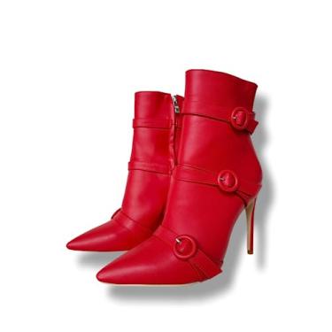 Imagem de Frankie Hsu Botas femininas masculinas sexy sexy unissex de salto alto stiletto, fivela vermelha de 3 camadas, botas curtas de tornozelo tamanho grande 38-48 para mulheres e homens, Vermelho, 10.5