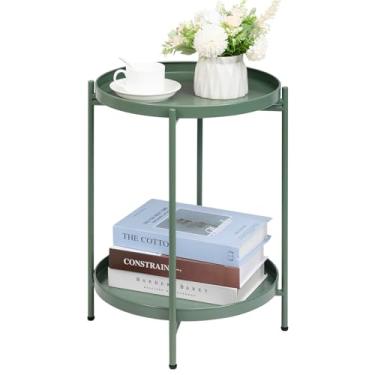 Imagem de HollyHOME 2-Tier Round Metal End Side Table, Accent Anti-Rust Simplistic Sofa Table, Modern Tray Outdoor&Indoor Folding Coffee Table, (D)15.75"x(H)20.47", Matcha Green