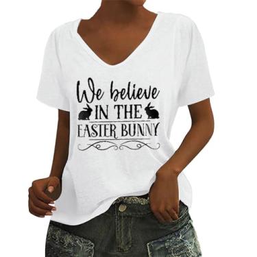 Imagem de Camiseta feminina de manga curta Happy Easter Day, suéter fofo de coelho, gola redonda, camisa moderna para mulheres 2024, Branco, GG