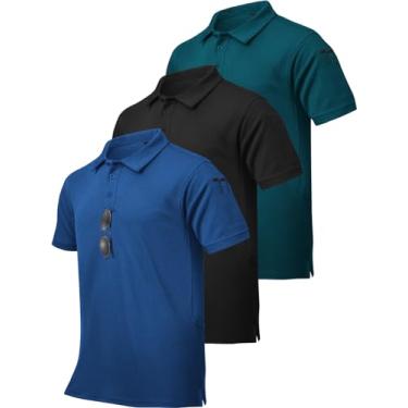 Imagem de ZITY Camisa polo masculina com absorção de umidade, camiseta tática de manga curta, ajuste regular, pacote com 3, 3preto, azul, azul-petróleo, G