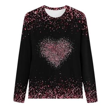 Imagem de Suéter feminino Love Heart listrado camiseta solta manga longa gráfico camisetas para namorada, Vermelho, P