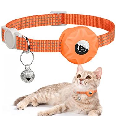 Imagem de Coleira para gatos AirTag, coleira reflexiva para gatos Apple Air Tag, coleira GPS para gatos com suporte de AirTag e sino, coleiras leves para gatos para meninas, meninos e gatos (laranja)