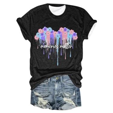 Imagem de PKDong Camiseta feminina de conscientização de Alzheimers, gola V, manga curta, roxa, estampa floral, camiseta feminina para o verão, Z10 Preto, G