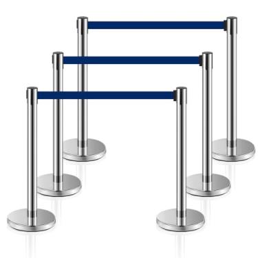 Imagem de MICHELANGELO Kit 6 Pedestais Premium Organizador Separador de Fila Cromado com Fita Retrátil Azul 2 Metros Anti-Oxidante